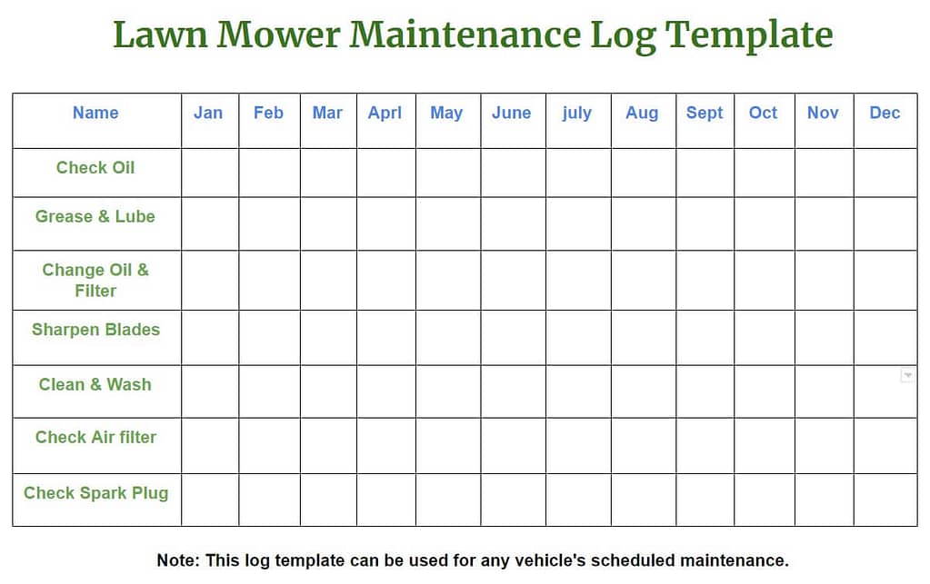 Lawn Mower Maintenance Log Template