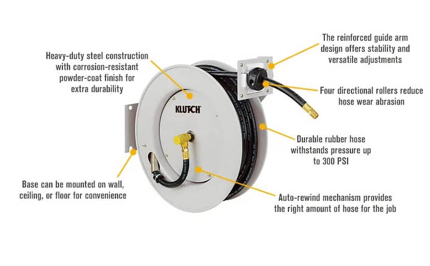 Klutch Auto Rewind Air Hose Reel Specifications